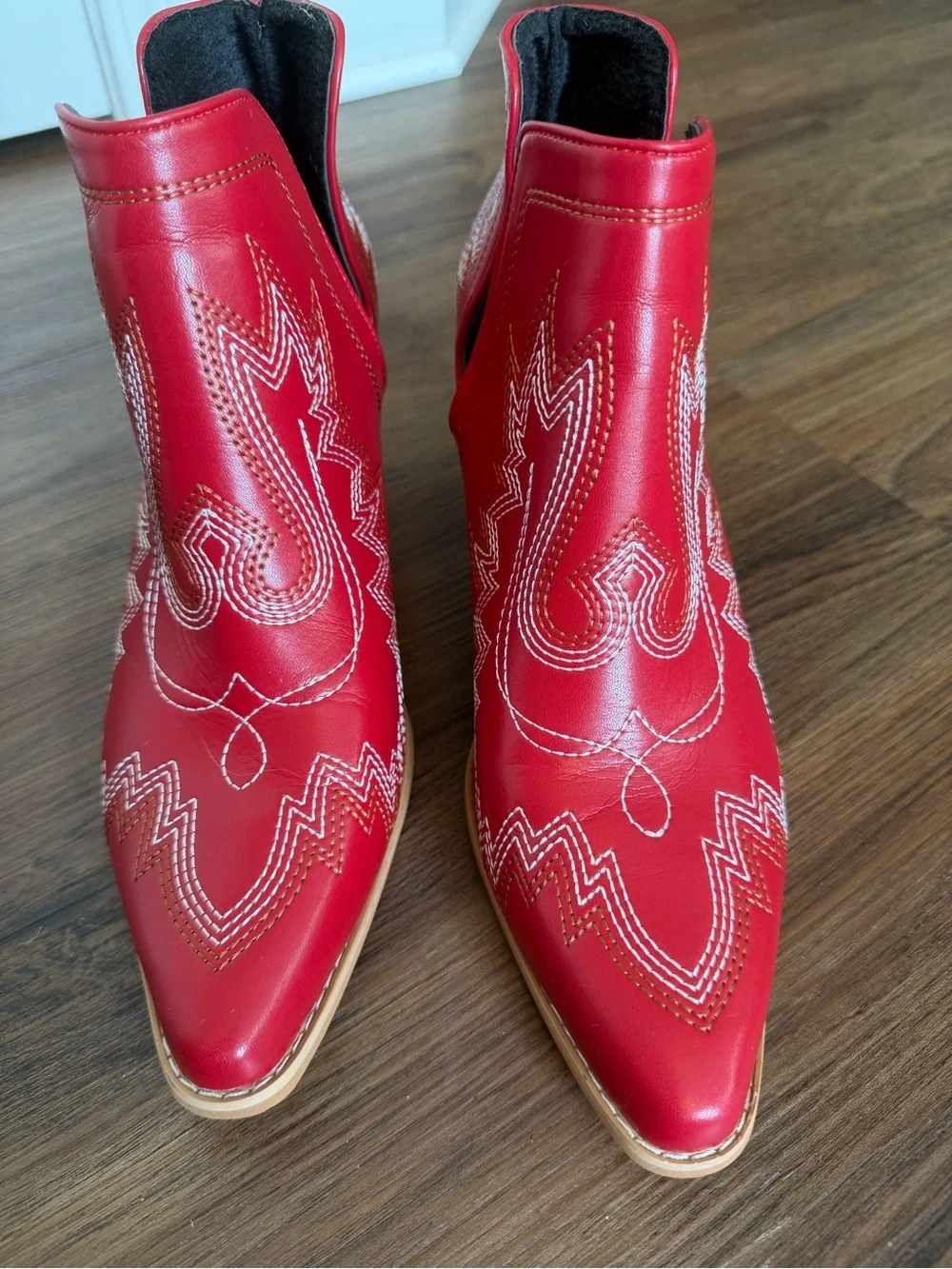 Red Western Ankle Boots with Embroidered Detail - Women